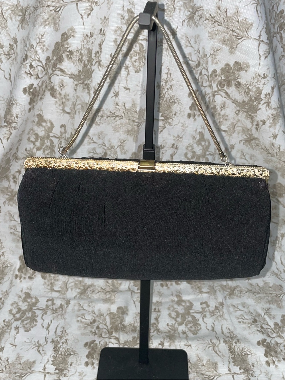 Vintage 1950s Harry Levine Black Evening Clutch with Gold Frame and Chain